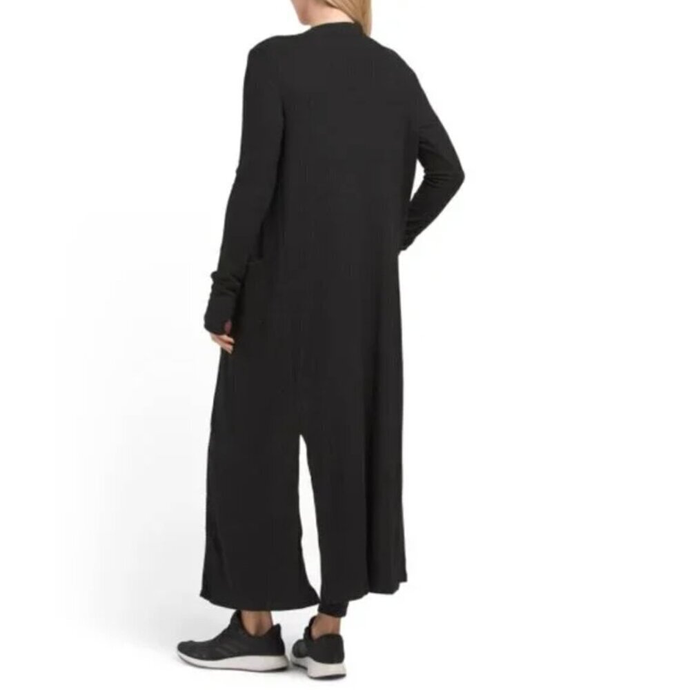 NWT YOGALICIOUS Duster Cardigan Size XS Black Long Ribbed Side Slit - Picture 3 of 12